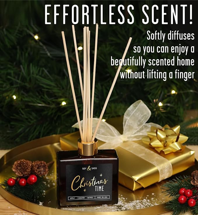 Christmas Diffuser, Christmas Reed Diffuser Decor - w/Apple, Cinnamon & Clove I Infused w/Essential Oils I 3.75 OZ Oil I