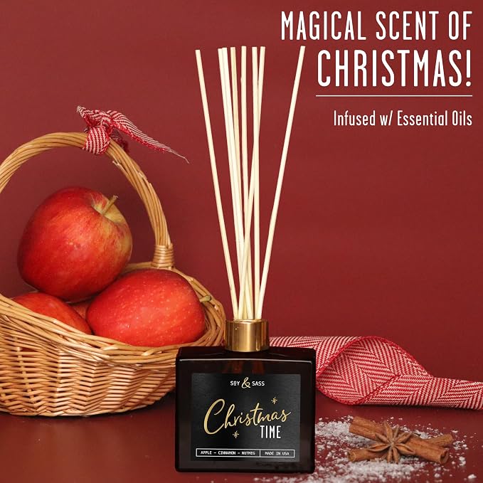 Christmas Diffuser, Christmas Reed Diffuser Decor - w/Apple, Cinnamon & Clove I Infused w/Essential Oils I 3.75 OZ Oil I