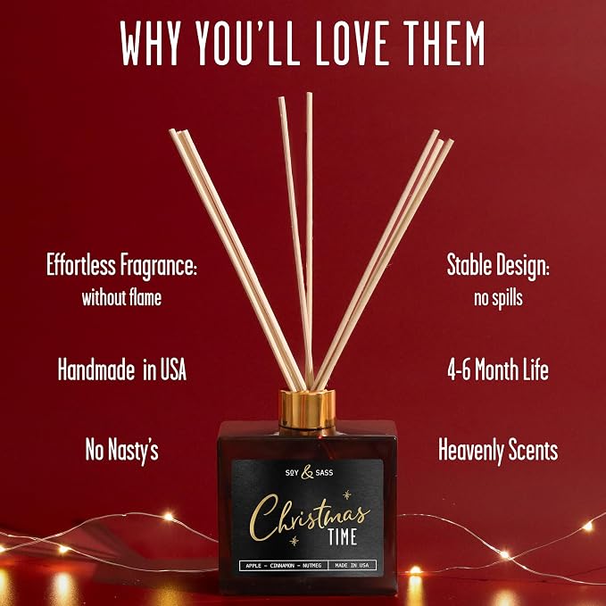 Christmas Diffuser, Christmas Reed Diffuser Decor - w/Apple, Cinnamon & Clove I Infused w/Essential Oils I 3.75 OZ Oil I