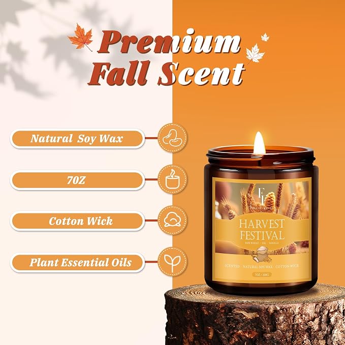 Christmas Fall Candle, Harvest Festival Scented Candles for Home, Natural Soy Autumn Candle Aromatherapy Candle, 7 oz Jar