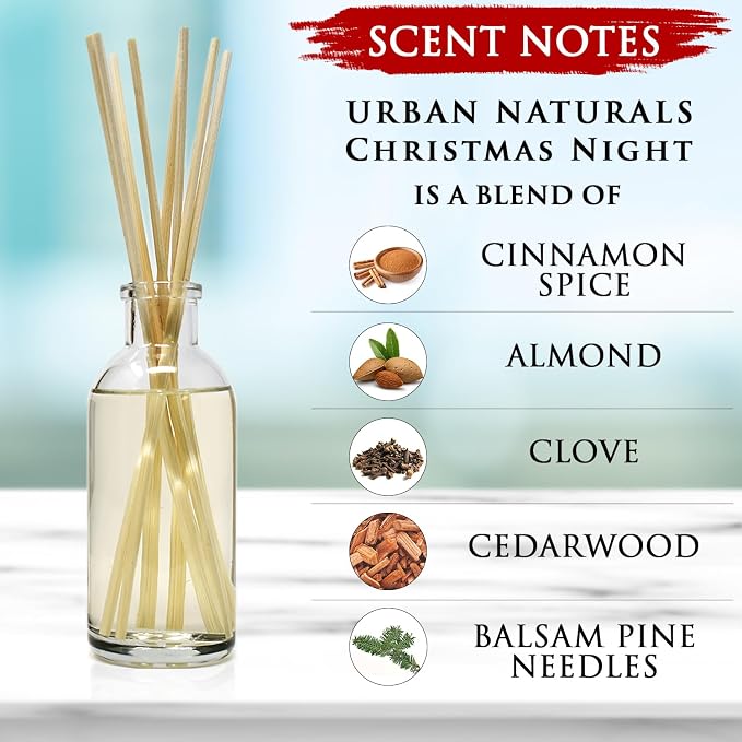 Christmas Night Reed Diffuser Set - Cinnamon Spice, Almond, Clove, Cedarwood, Fresh Balsam and Fir Needle - Made in The USA