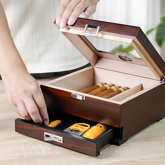 Cigar Humidor, Handmade Box with Humidifier Hygrometer, Cedar Wood Glass Top Case with Accessories Drawer, Hold 30-35 Cigars