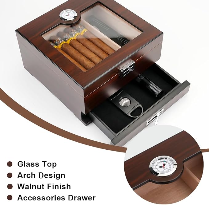 Cigar Humidor, Handmade Box with Humidifier Hygrometer, Cedar Wood Glass Top Case with Accessories Drawer, Hold 30-35 Cigars