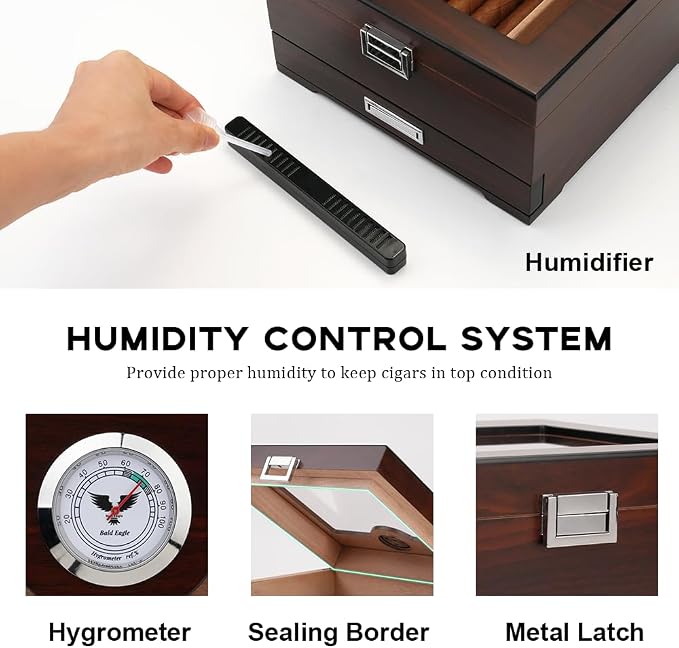 Cigar Humidor, Handmade Box with Humidifier Hygrometer, Cedar Wood Glass Top Case with Accessories Drawer, Hold 30-35 Cigars