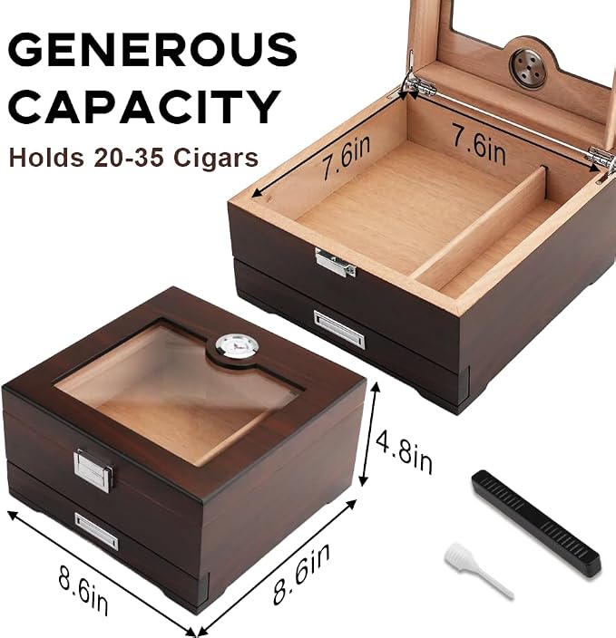 Cigar Humidor, Handmade Box with Humidifier Hygrometer, Cedar Wood Glass Top Case with Accessories Drawer, Hold 30-35 Cigars