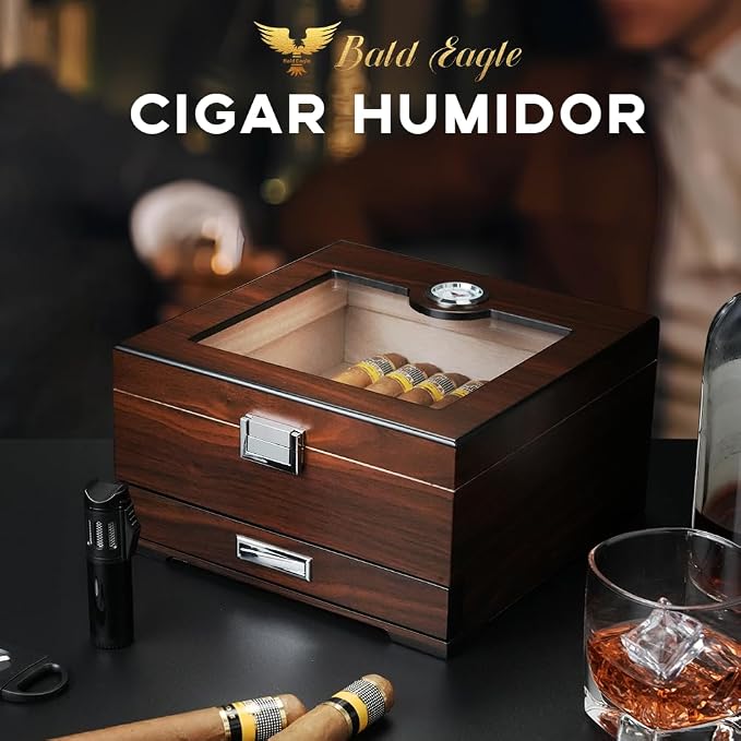 Cigar Humidor, Handmade Box with Humidifier Hygrometer, Cedar Wood Glass Top Case with Accessories Drawer, Hold 30-35 Cigars