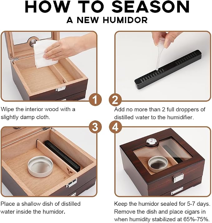 Cigar Humidor, Handmade Box with Humidifier Hygrometer, Cedar Wood Glass Top Case with Accessories Drawer, Hold 30-35 Cigars