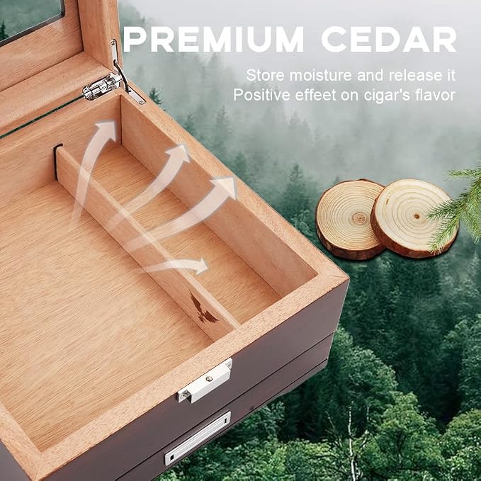 Cigar Humidor, Handmade Box with Humidifier Hygrometer, Cedar Wood Glass Top Case with Accessories Drawer, Hold 30-35 Cigars