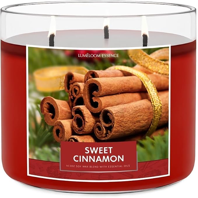 Cinnamon Candles, 14.5oz, Large 3-Wick Soy Wax Candles for Home Scented, Sweet Cinnamon, Apple, Clove Scent, Holiday Gifts