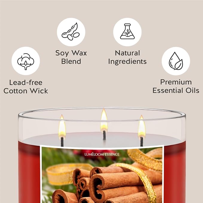 Cinnamon Candles, 14.5oz, Large 3-Wick Soy Wax Candles for Home Scented, Sweet Cinnamon, Apple, Clove Scent, Holiday Gifts