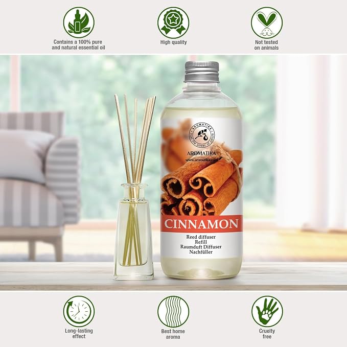 Cinnamon Reed Diffuser Refill with Natural Essential Cinnamon Oil 17 oz - Fresh & Long Lasting Fragrance - Best for