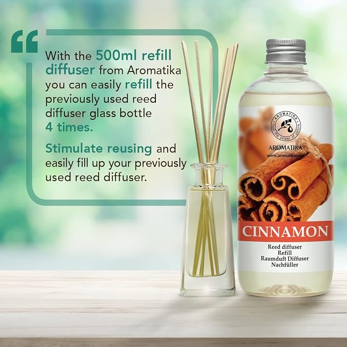 Cinnamon Reed Diffuser Refill with Natural Essential Cinnamon Oil 17 oz - Fresh & Long Lasting Fragrance - Best for