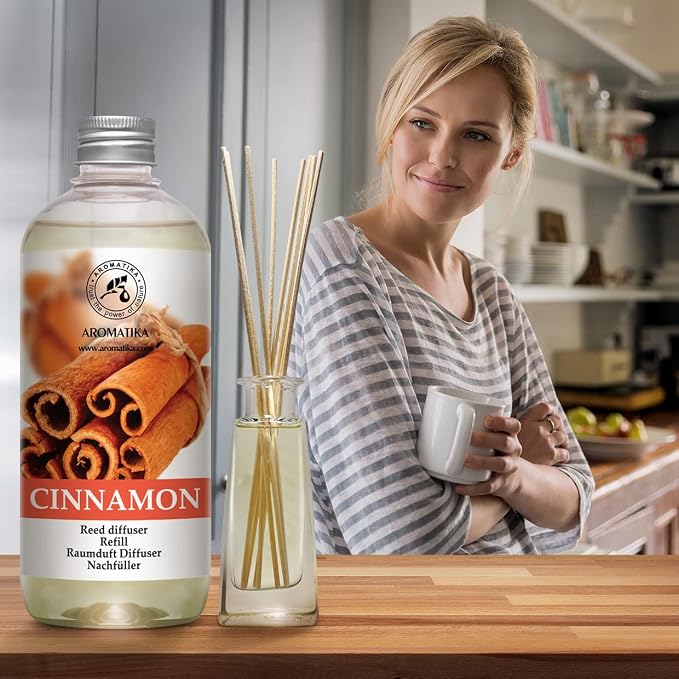 Cinnamon Reed Diffuser Refill with Natural Essential Cinnamon Oil 17 oz - Fresh & Long Lasting Fragrance - Best for