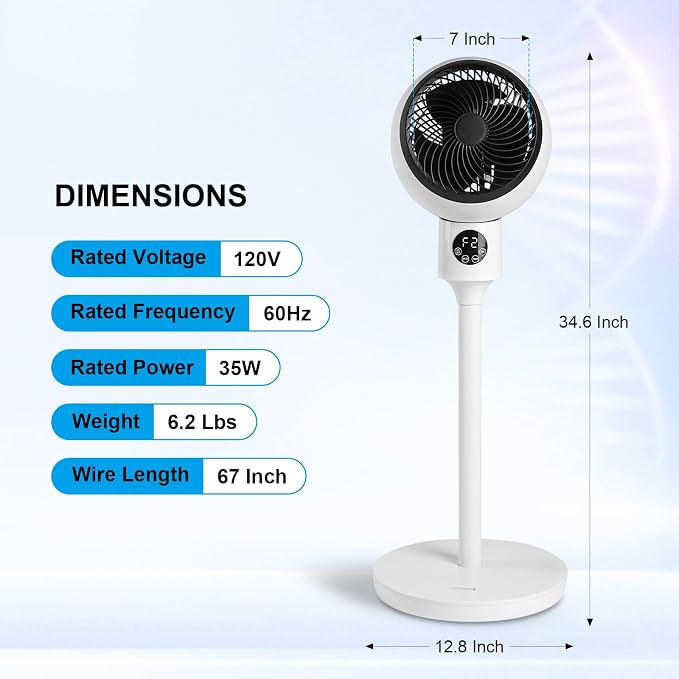Circulating Stand Fan for Home Bedroom with Remote,Standing Fans Ocillation 70°,Pedestal Fan 3 Speeds,3 Modes,15Hour