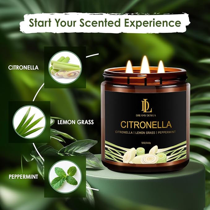Citronella Candles Indoor Outdoor, Large 3 Wick 12oz Scented Candles up to 60 Hours Burning, alternate product view 2