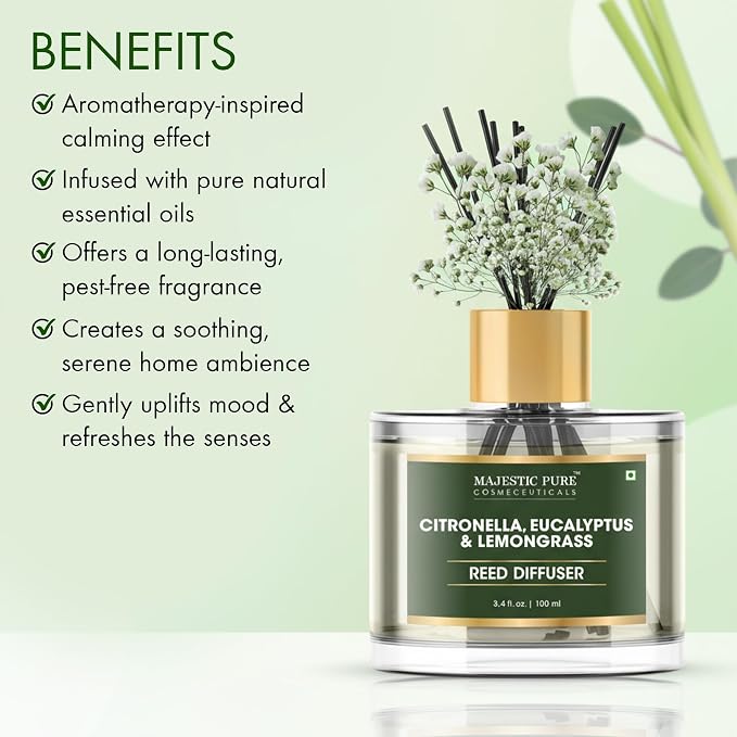 Citronella, Eucalyptus & Lemongrass Reed Diffuser for Home, Bathroom & Office | Natural Aromatherapy Air Freshener with