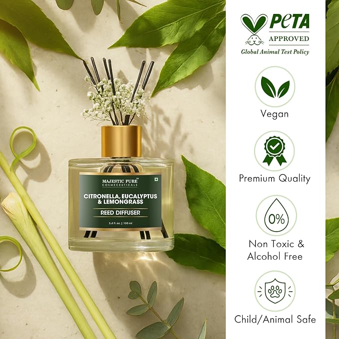 Citronella, Eucalyptus & Lemongrass Reed Diffuser for Home, Bathroom & Office | Natural Aromatherapy Air Freshener with