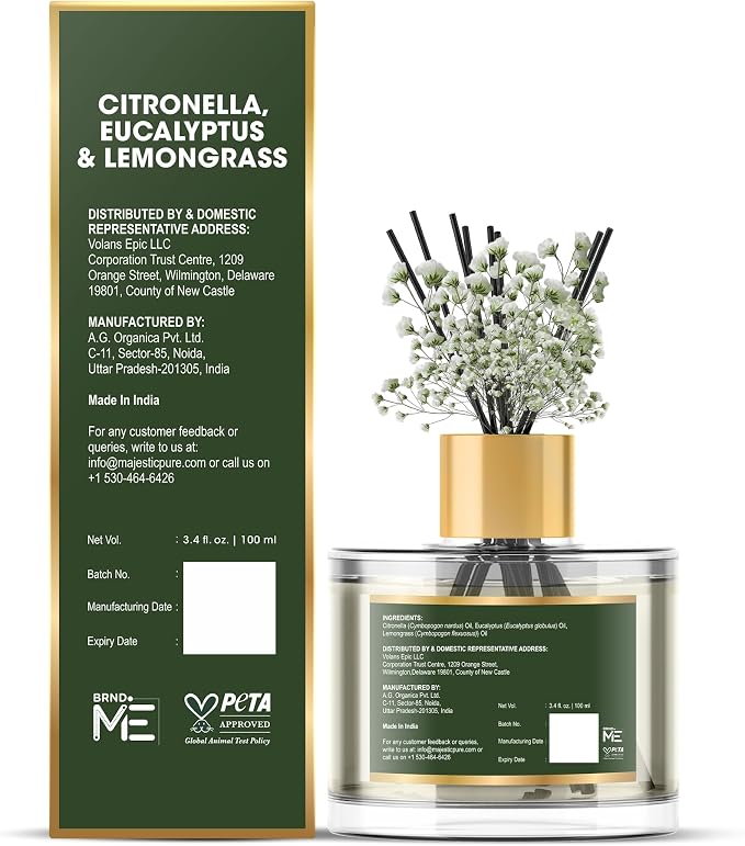 Citronella, Eucalyptus & Lemongrass Reed Diffuser for Home, Bathroom & Office | Natural Aromatherapy Air Freshener with