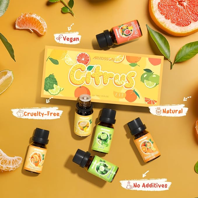 Citrus Essential Oils Set, Fresh Fruit Essential Oil for Diffuser, Grapefruit, Bergamot, Sweet Orange, Lemon, Lime