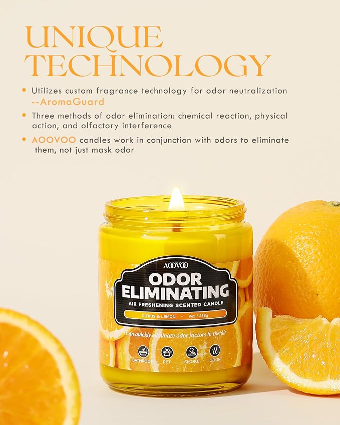 Citrus & Lemon 2 Pack Odor Eliminating Highly Fragranced Candle - Eliminates Pet, Smoke, Food and Other Smells Quickly