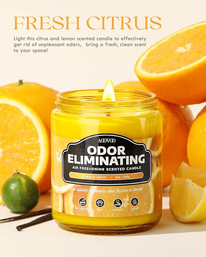 Citrus & Lemon 2 Pack Odor Eliminating Highly Fragranced Candle - Eliminates Pet, Smoke, Food and Other Smells Quickly