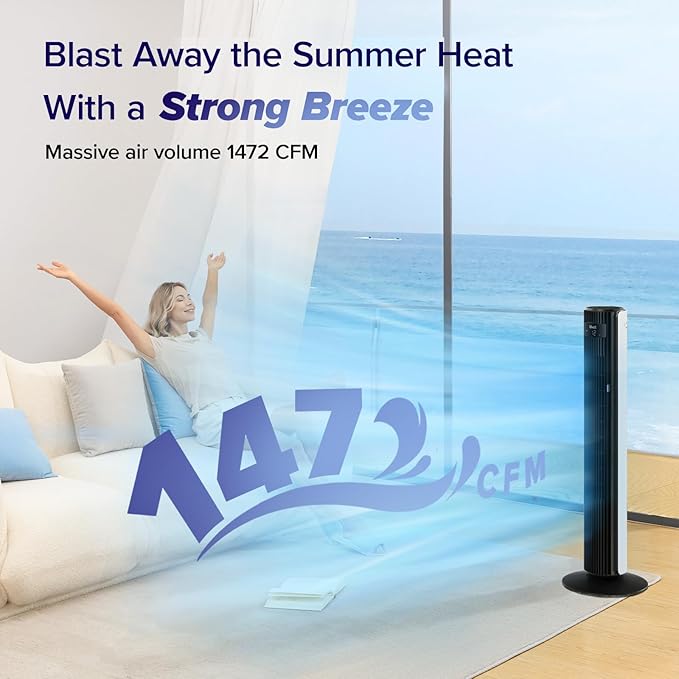 Classic 42-inch Tower Fan for Home, 1472 CFM Powerful Fan, 22dB Quiet as You Sleep, 90° L&R Oscillation, 60° U&D Airflow