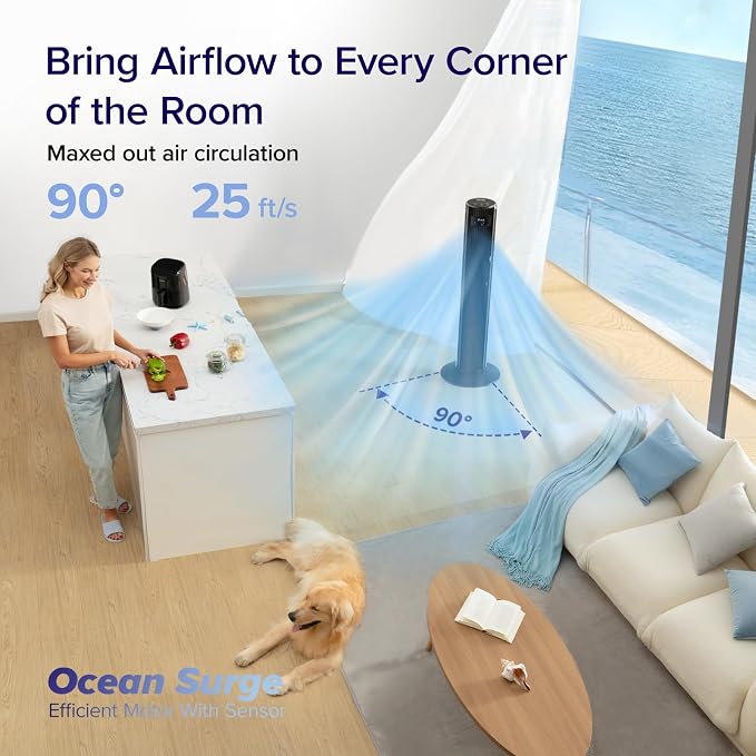 Classic 42-inch Tower Fan for Home, 1472 CFM Powerful Fan, 22dB Quiet as You Sleep, 90° L&R Oscillation, 60° U&D Airflow