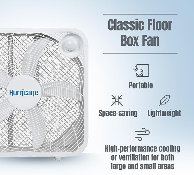 Classic Floor Mount Box Fan w/ 3 Quiet Speeds, White, 20" - Corded Portable Electric Air Cooling Unit w/ Powerful 2400 CFM