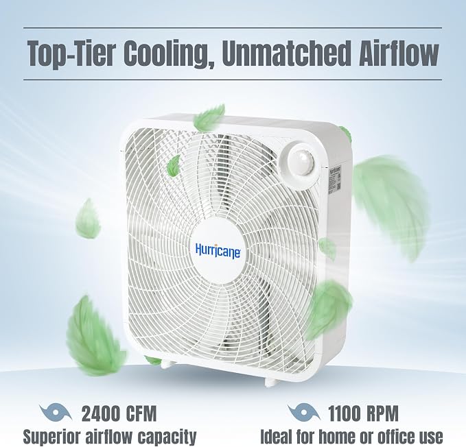 Classic Floor Mount Box Fan w/ 3 Quiet Speeds, White, 20" - Corded Portable Electric Air Cooling Unit w/ Powerful 2400 CFM