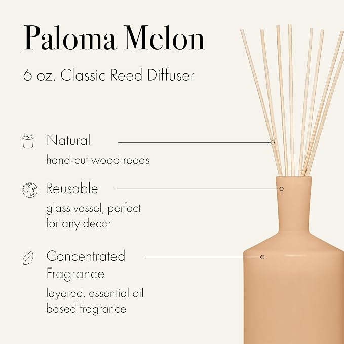 Classic Reed Diffuser, Paloma Melon - 6 oz - Up to 3 Months Fragrance Life - Reusable Glass Vessel - Natural Wood Reeds