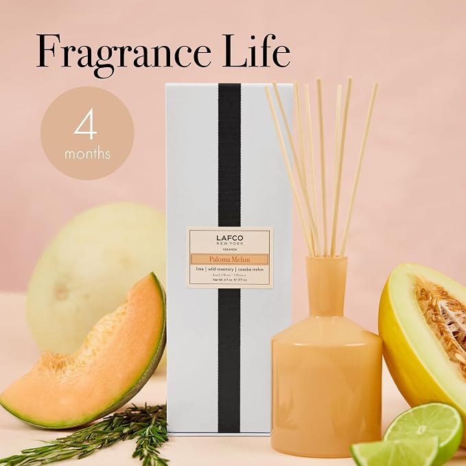 Classic Reed Diffuser, Paloma Melon - 6 oz - Up to 3 Months Fragrance Life - Reusable Glass Vessel - Natural Wood Reeds