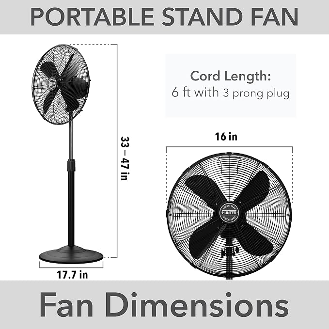 Classic S16 Oscillating Standing Fan Adjustable Height 16 Inch, 3 Speeds, Matte Black, 97316, alternate product view 5