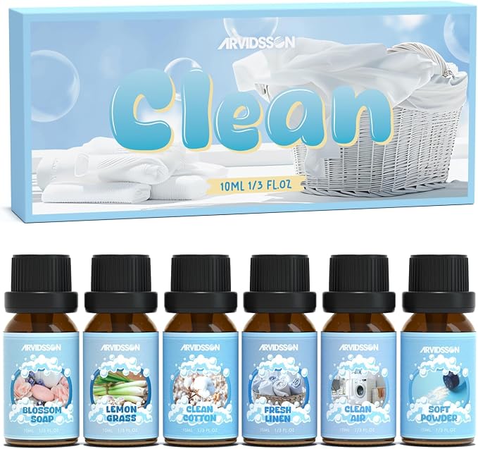 Clean Essential Oils Set, Natural Fragrance Oil for Diffuser, Soap Making - Fresh Linen, Clean Home, Fresh Cotton, Soft