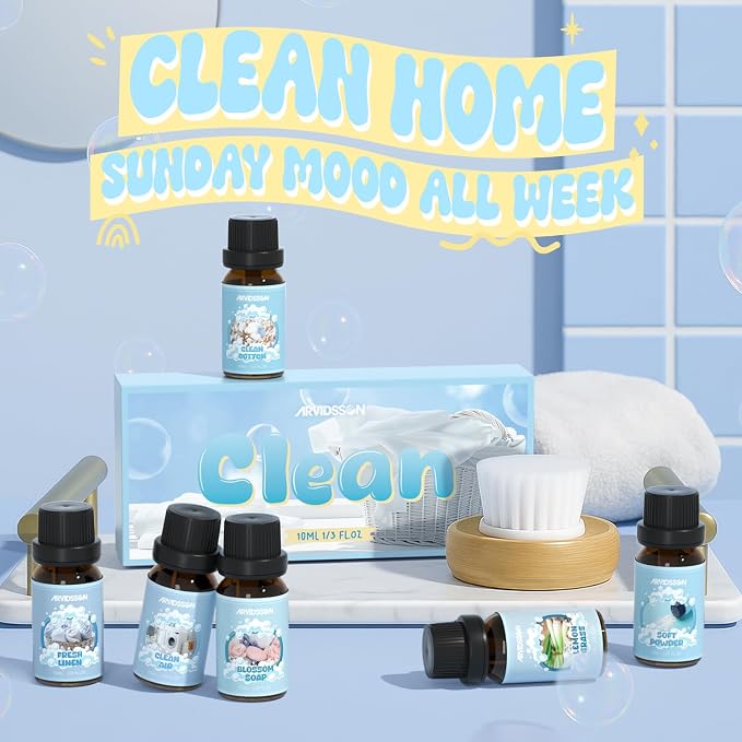 Clean Essential Oils Set, Natural Fragrance Oil for Diffuser, Soap Making - Fresh Linen, Clean Home, Fresh Cotton, Soft