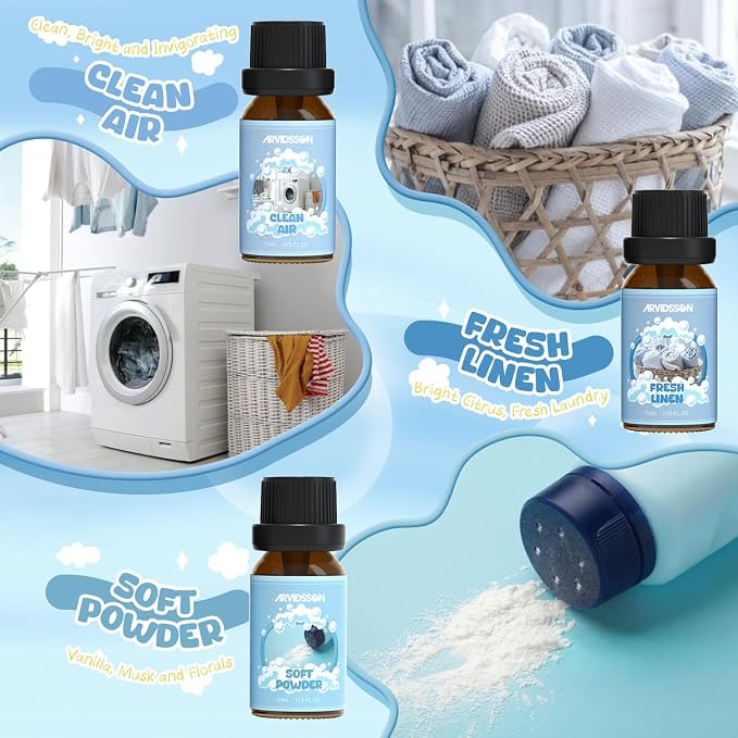 Clean Essential Oils Set, Natural Fragrance Oil for Diffuser, Soap Making - Fresh Linen, Clean Home, Fresh Cotton, Soft