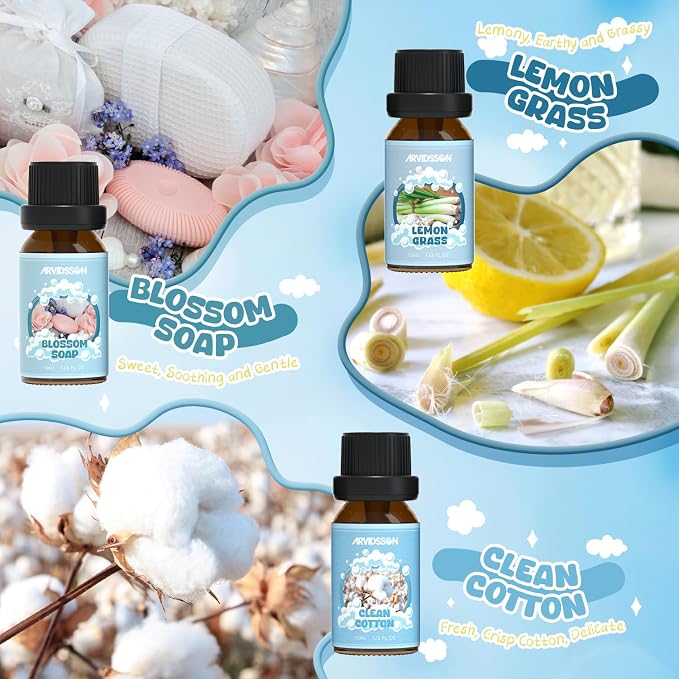 Clean Essential Oils Set, Natural Fragrance Oil for Diffuser, Soap Making - Fresh Linen, Clean Home, Fresh Cotton, Soft