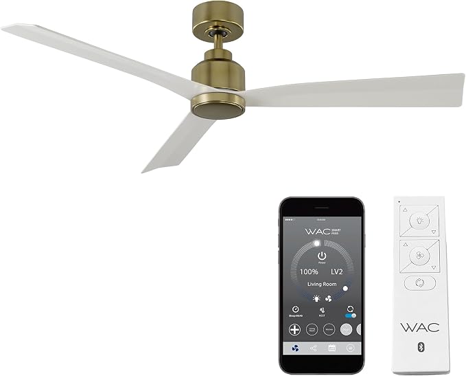 Clean Indoor and Outdoor 3-Blade Smart Ceiling Fan 54in Satin Brass Matte White with Remote Control, product image