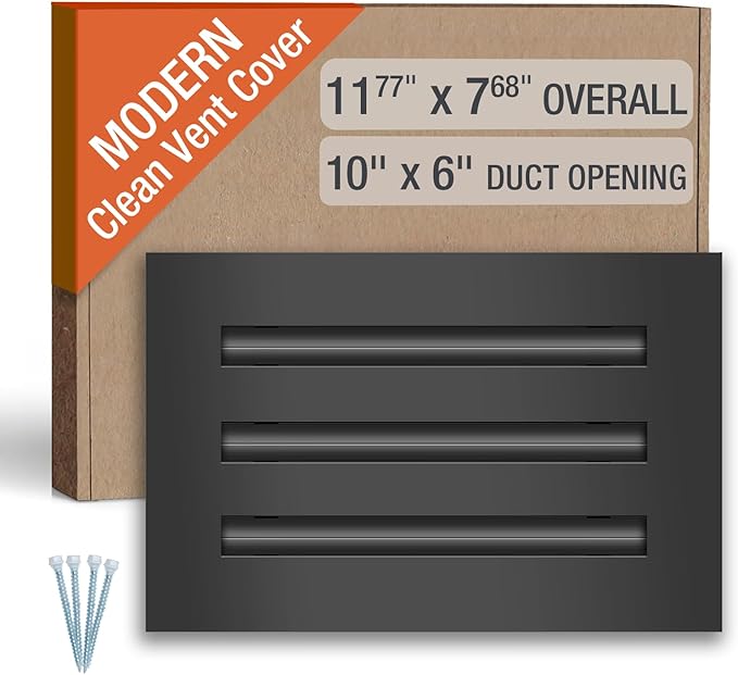 Clean Modern AC Vent Cover 10 x 6 (Duct Opening Cutout) - Decorative Black Air Vent - Standard Linear Slot