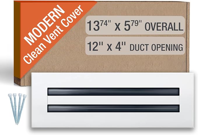 Clean Modern AC Vent Cover 12 x 4 (Duct Opening Cutout) - Decorative White Air Vent - Standard Linear Slot