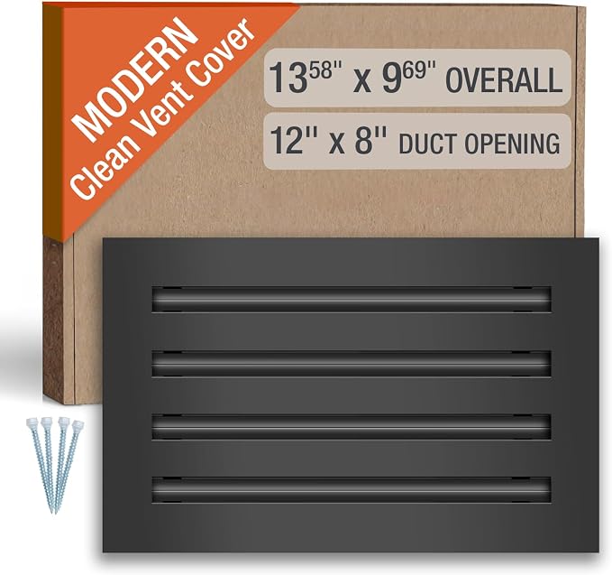 Clean Modern AC Vent Cover 12 x 8 (Duct Opening Cutout) - Decorative Black Air Vent - Standard Linear Slot