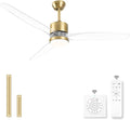 Clear Ceiling Fan with Light, 52 Inch Gold Transparent Ceiling Fans with Light and Remote 3 Reversible Blade LED Ceiling Fan