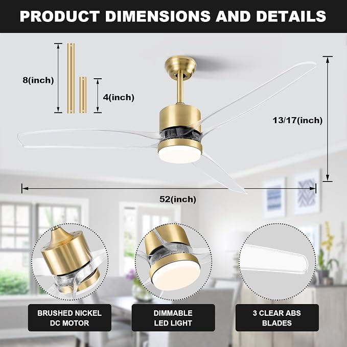 Clear Ceiling Fan with Light, 52 Inch Gold Transparent Ceiling Fans with Light and Remote 3 Reversible Blade LED Ceiling Fan