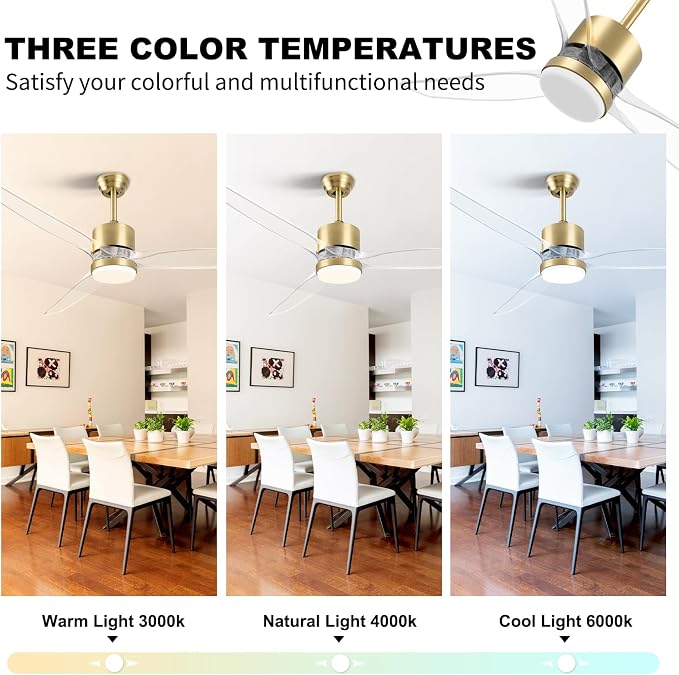 Clear Ceiling Fan with Light, 52 Inch Gold Transparent Ceiling Fans with Light and Remote 3 Reversible Blade LED Ceiling Fan