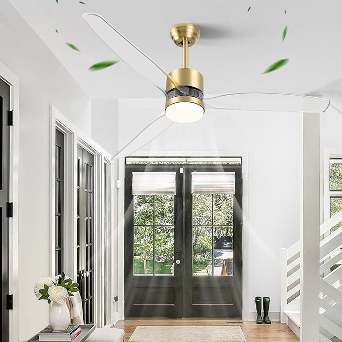 Clear Ceiling Fan with Light, 52 Inch Gold Transparent Ceiling Fans with Light and Remote 3 Reversible Blade LED Ceiling Fan