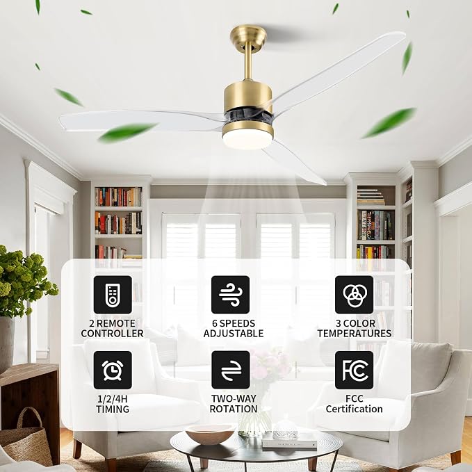 Clear Ceiling Fan with Light, 52 Inch Gold Transparent Ceiling Fans with Light and Remote 3 Reversible Blade LED Ceiling Fan