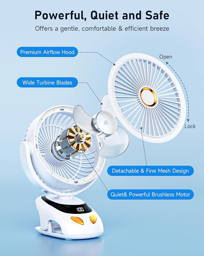 Clip on Fan Rechargeable with LED Light, 10000mAh Battery & Digital Display, 40H, 5-Speed Quiet Desk Fan with Sturdy Clamp