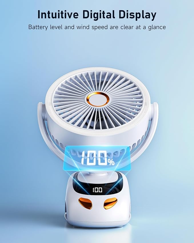 Clip on Fan Rechargeable with LED Light, 10000mAh Battery & Digital Display, 40H, 5-Speed Quiet Desk Fan with Sturdy Clamp