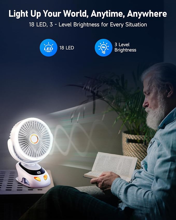 Clip on Fan Rechargeable with LED Light, 10000mAh Battery & Digital Display, 40H, 5-Speed Quiet Desk Fan with Sturdy Clamp