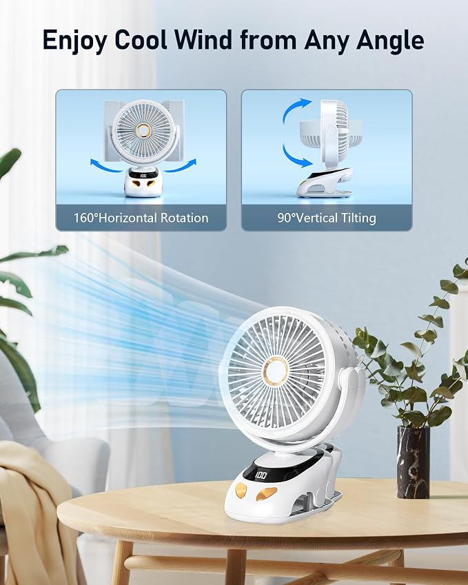 Clip on Fan Rechargeable with LED Light, 10000mAh Battery & Digital Display, 40H, 5-Speed Quiet Desk Fan with Sturdy Clamp