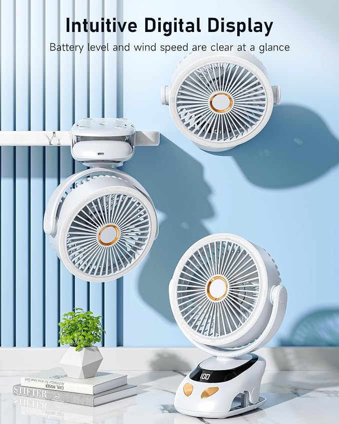 Clip on Fan Rechargeable with LED Light, 10000mAh Battery & Digital Display, 40H, 5-Speed Quiet Desk Fan with Sturdy Clamp